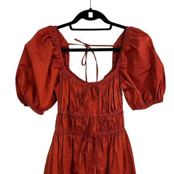 En Saison Cognac Sveta Puff Sleeve Tie Front Cotton Midi Dress Womens XS - Picture 3 of 8